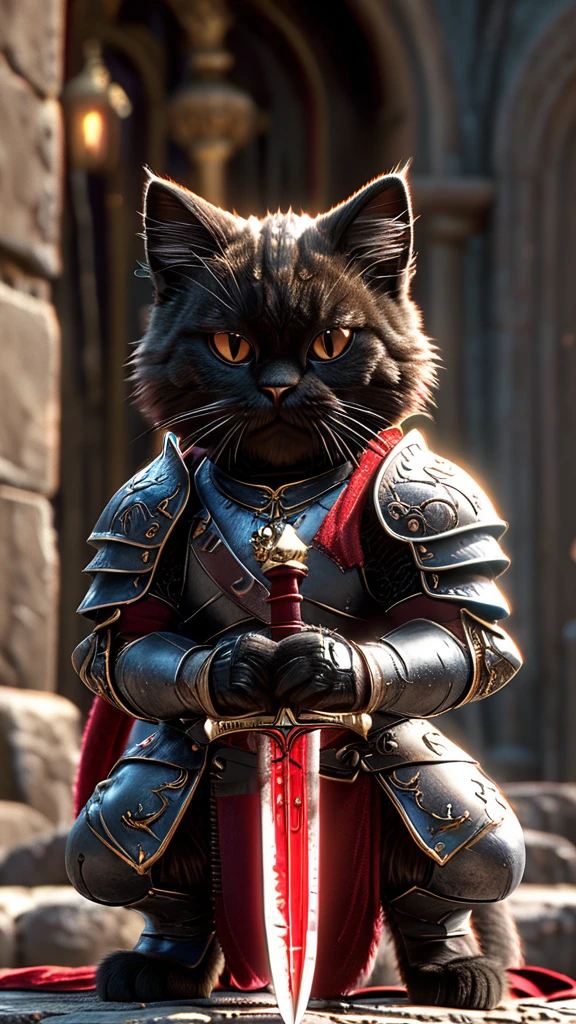 Close-up shot of a cat, whole body, Has a red sword, Wearing dark armor, Castle Background, High resolution, masterpiece, Highest quality, Super detailed, Super detailed, Ultra-realistic,
Hong Kong Style, 3D Fluffy, Cute and adorable close-ups, Cute big round reflective eyes, Long fuzzy fur, Pixar Rendering, unreal engine Cinematic smooth, Exquisite detail, Cinematic