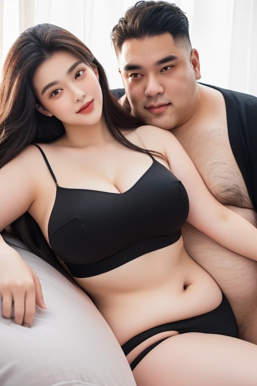 186cm 105kg thin man with abdominal obesity, ((140 kg thin woman with abdominal obesity)), A friendly extremely obese man and woman couple, photorealistic, 8K