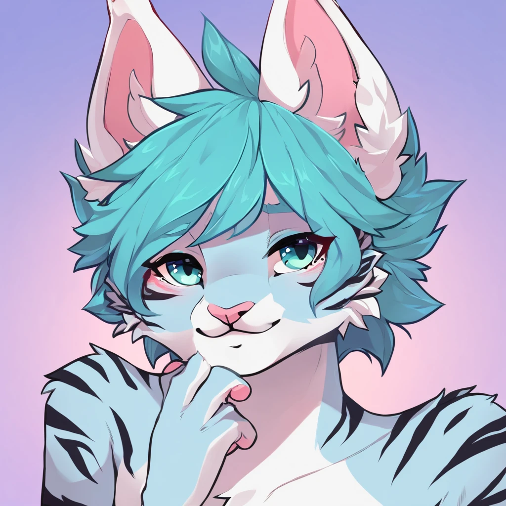 adult, feline, mammal, anthro, anthromorphic, cat, striped, fur, furred_anthro, femboy, male, blue, ear_tufts, purple, paws, hair_tuft, hair_between_eyes, fluffy, expressive_eyes, blue/teal_hair, light looking_at_viewer, blue_fur, shy, small_pupils, spotted_pattern, stripes, tiger_stripes, digital_art, high_resolution, high_res, background, shy, posing, laying_down, pink_paws, paws, profile_picture, head_visible, neck_visible, seductive_look.