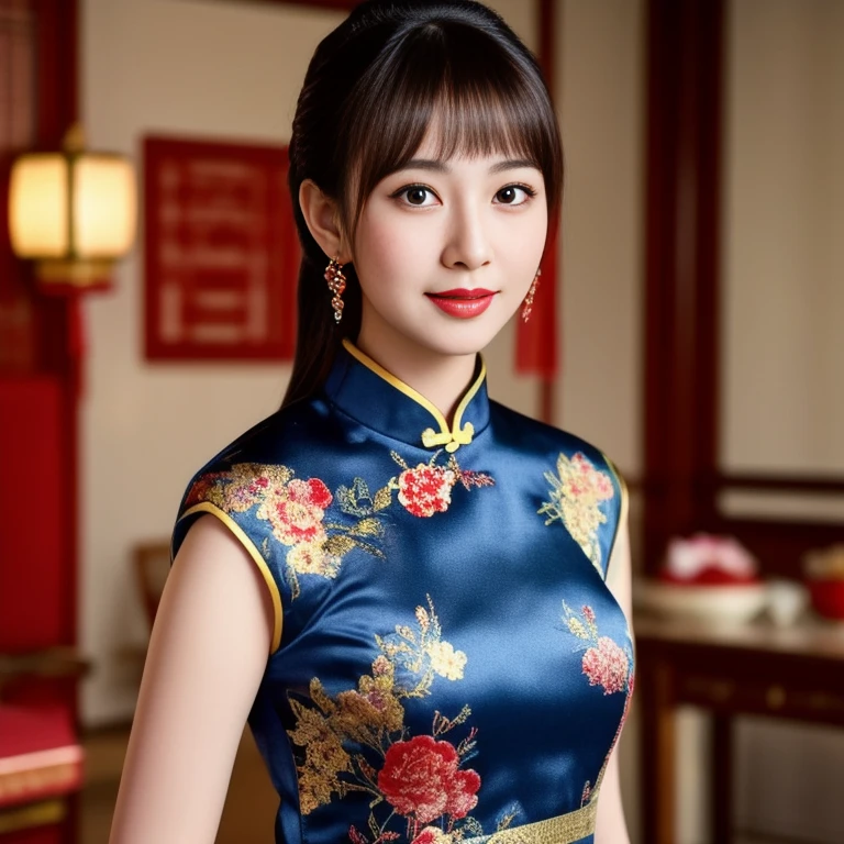 Asian woman Arav in red dress poses for photo, wearing a red Cheongsam, Cheongsam, Chinese dress, Chinese style, traditional chinese, Chinese woman, with ancient Chinese clothes, traditional chinese clothing, Chinese girl, Chinese dress, Gorgeous Chinese model, beautiful oriental woman, Chinese princess, สวมชุดCheongsamสีน้ำเงิน, Wearing a bright red dress 8k, 3-D, 45,000,000,000 pixels, Too realistic,