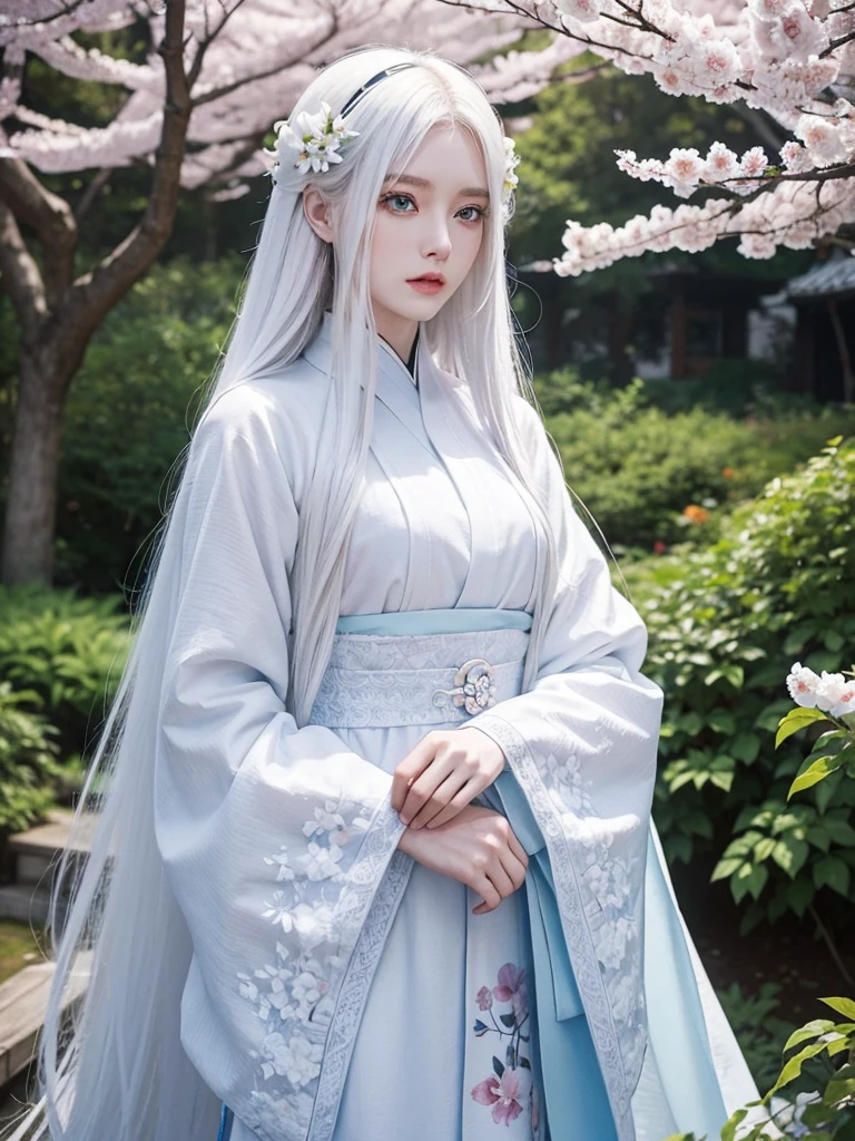 Long white hair, blue eyes, serious features, white skin, loose style, in a garden, with flowers , in the forest ,in the Sakura Korea ,Korean Palace