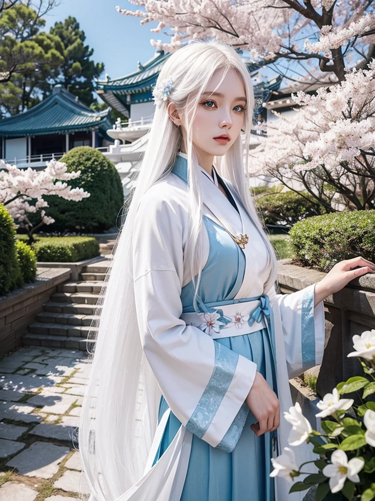 Long white hair, blue eyes, serious features, white skin, loose style, in a garden, with flowers , in the forest ,in the Sakura Korea ,Korean Palace