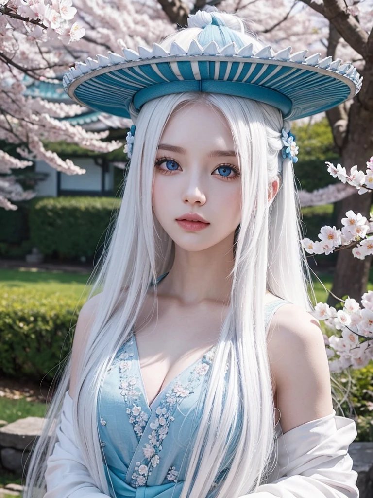 Long white hair, blue eyes, serious features, white skin, loose style, in a garden, with flowers , in the forest ,in the Sakura Korea ,Korean Palace
