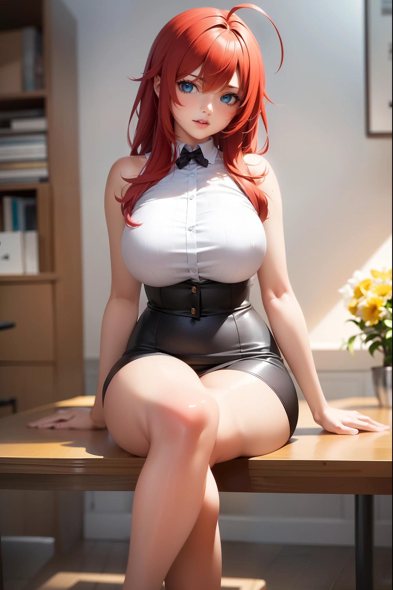 (masterpiece, best quality, detailed),1girl,rias gremory,red hair, ahoge, blue eyes, large breasts , sitting in an office chair, smooth anime cg art, (sfw),at pixiv, detailed digital anime art, on a desk,clean detailed anime art,high resolution, (perfect hands, perfect anatomy),