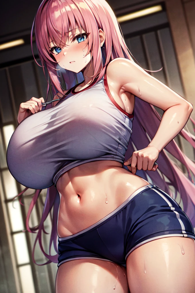 Masterpiece, best quality, highres, pink hair, blue eyes, (huge breasts), croptop overhang navel, side tie panties, indoors, gym, cleavags, bare shoulders, sweating, steam