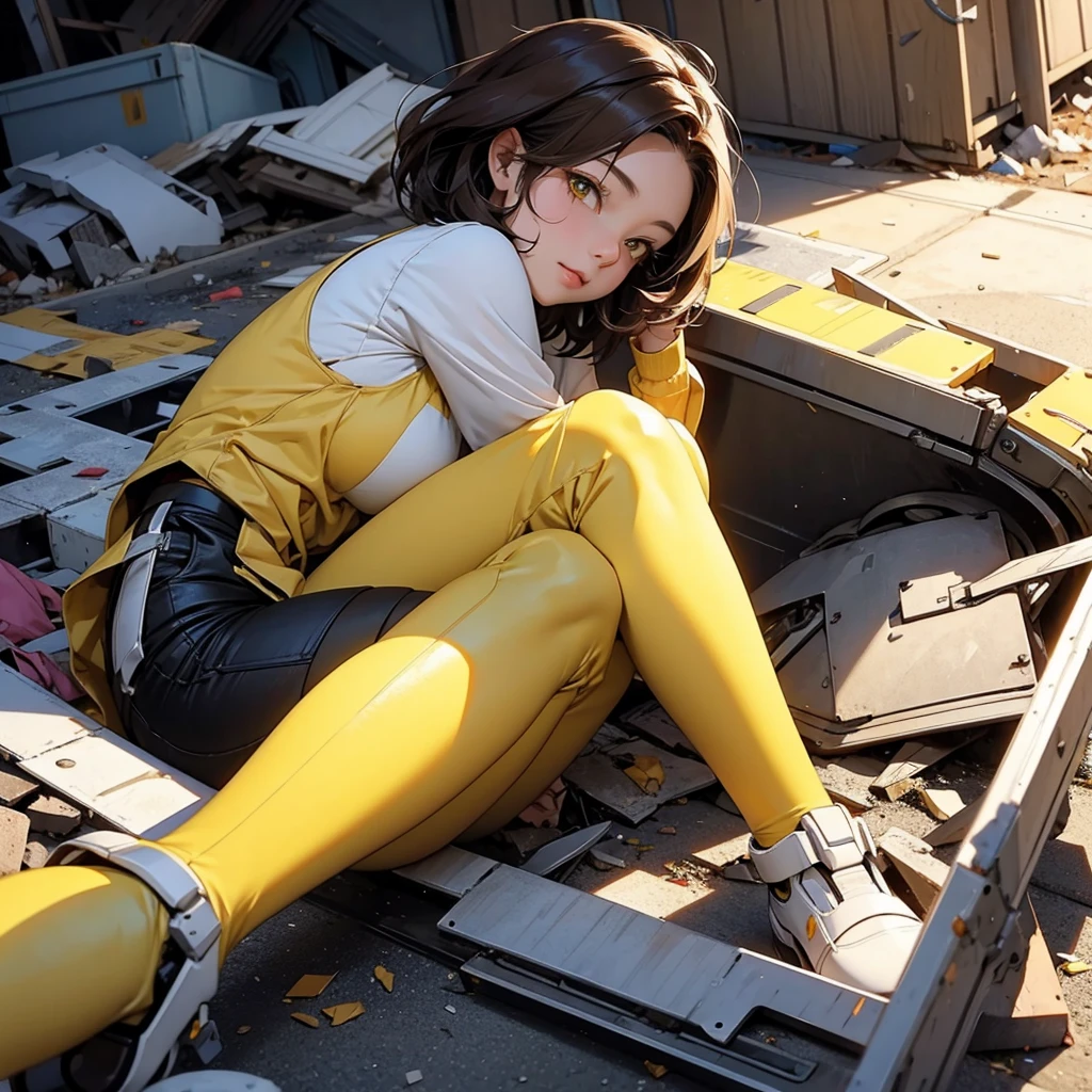 robot waifu girl, short brown hair, yellow eyes, lying broken in a pile of trash