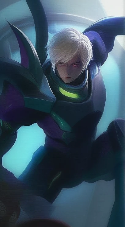 (8K, original photo, best quality, masterpiece), ultra high resolution, (actual, photo-actual), 1 boys, emotionless, alone, white hair, purple eyes, professional lighting, detailed lighting, backlight, depth of field, natural lighting, sharp focus, Two meters shooting distance, Take photos professionally, delicate eyes, actual eyes, Detailed shadows, CG games, role play, pink clothes with arm ring, sling, Upper body, pink clothes, External, crown, Gundam, Mecha,