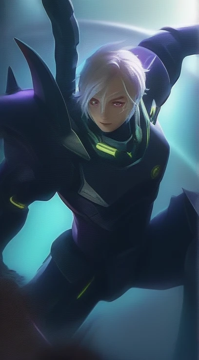 (8K, original photo, best quality, masterpiece), ultra high resolution, (actual, photo-actual), 1 boys, emotionless, alone, white hair, purple eyes, professional lighting, detailed lighting, backlight, depth of field, natural lighting, sharp focus, Two meters shooting distance, Take photos professionally, delicate eyes, actual eyes, Detailed shadows, CG games, role play, pink clothes with arm ring, sling, Upper body, pink clothes, External, crown, Gundam, Mecha,