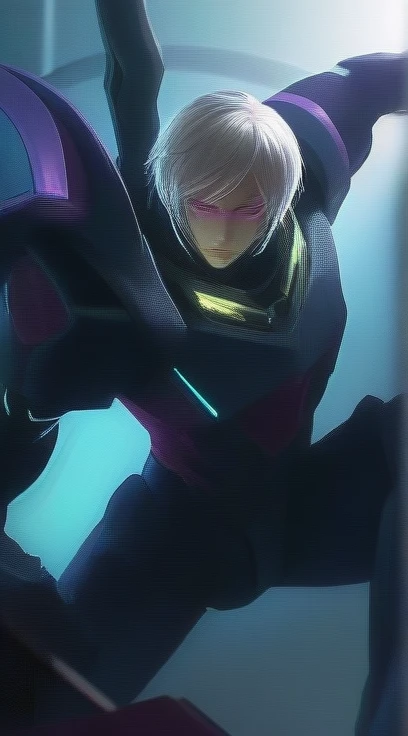 (8K, original photo, best quality, masterpiece), ultra high resolution, (actual, photo-actual), 1 boys, emotionless, alone, white hair, purple eyes, professional lighting, detailed lighting, backlight, depth of field, natural lighting, sharp focus, Two meters shooting distance, Take photos professionally, delicate eyes, actual eyes, Detailed shadows, CG games, role play, pink clothes with arm ring,  sling, Upper body, pink clothes, External, crown, Gundam, Mecha, 
