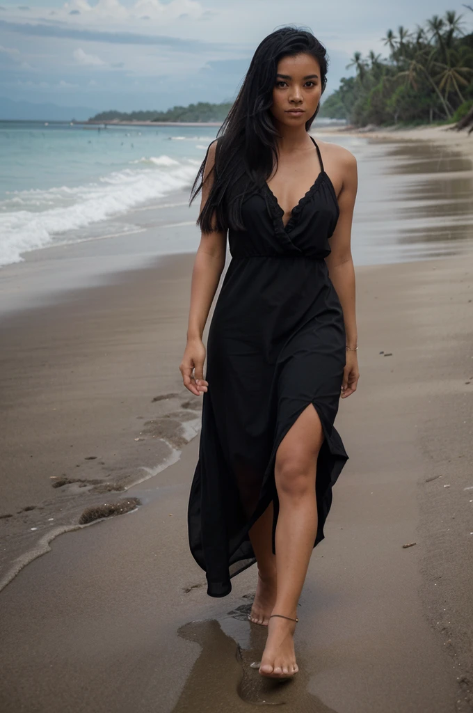 Gothic curly hair, airy tight dress walking on the seashore with a mythological horse at her side.