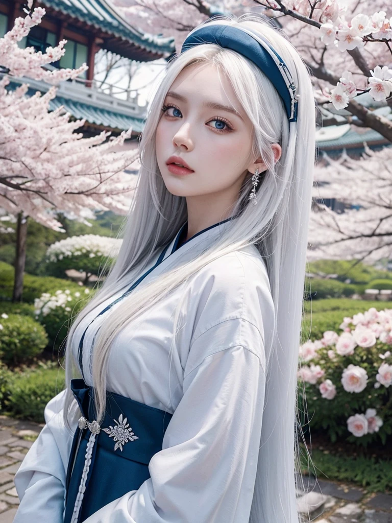 Long white hair, blue eyes, serious features, white skin, loose style, in a garden, with flowers , in the forest ,in the Sakura Korea ,Korean Palace 