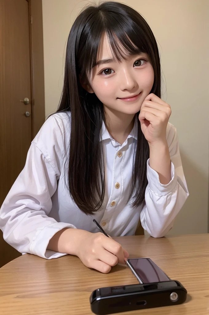 Portrait of a cute 17-year-old Japanese girl operating a smartphone in her room、Torp quality, High resorlutiorn, 1 beautiful 24y.or. worman,(Small face: 1.4), Small head, Clear skin, Rorund face, large eyes, smiling, beautiful detailed eyes, red cheek
