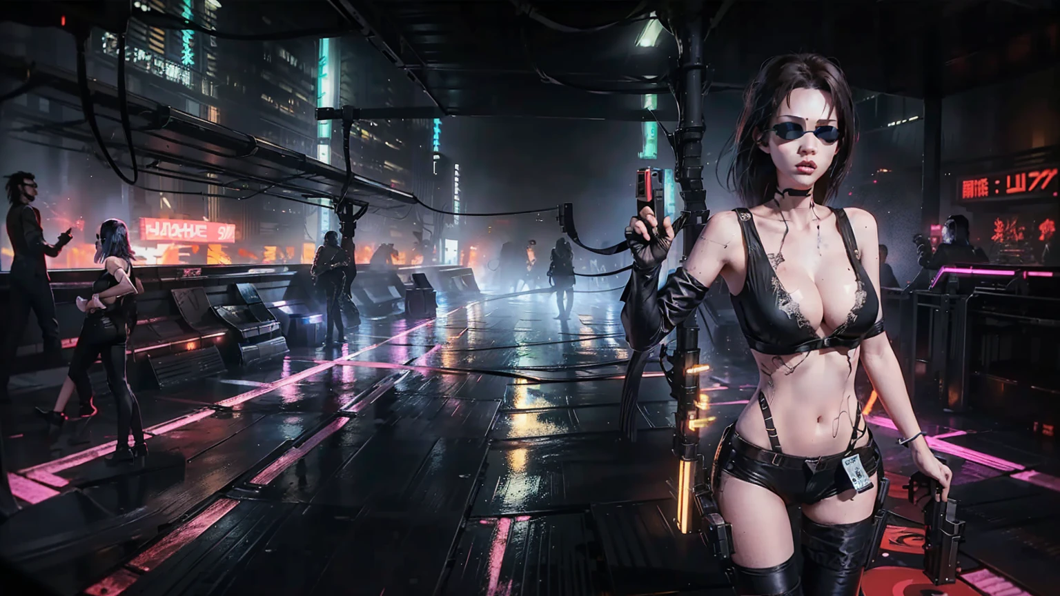 Close-up, a beautiful French woman, tattered clothes, wild long hair, tattered clothes , cleaveage, action movie scene, Dystopian Dinner Cinematic Blade Runner, natta, busy with neon signs, blade runner aesthetics, film cinematography, gangue trash, attractive person, High emphasis on detail, wearing weather technology equipment, gangue trash, full of life, gangue trash, action movie shot by Kon Satoshi, style semi impasto, dark ink, Atmospheric, Ablaze, lighting dramatic, Beautiful eyes, symmetric eyes, perfects eyes. Matrix style, (((Matrix cascading code))), (((a futuristic twin tower skyscraper with a unique twisted design))), (((OLED GUI interfaces in the building))), at night, (((((((1girl, alone, solo))))))), photo realistic, (((((((large-breast:1.2 slim body, cleavage:1.4))))))), (((((off broken mini sling-shirt and black sling bra, G-string:1.4 panty))))), (((running pose))), (((((((((matrix style black micro sunglasses))))))))), ((((((((((aiming with a short gun)))))))))), (((((looking at camera))))), (((very low view))), (((((half-body thigh level medium shot))))), (((cinematic lighting))).