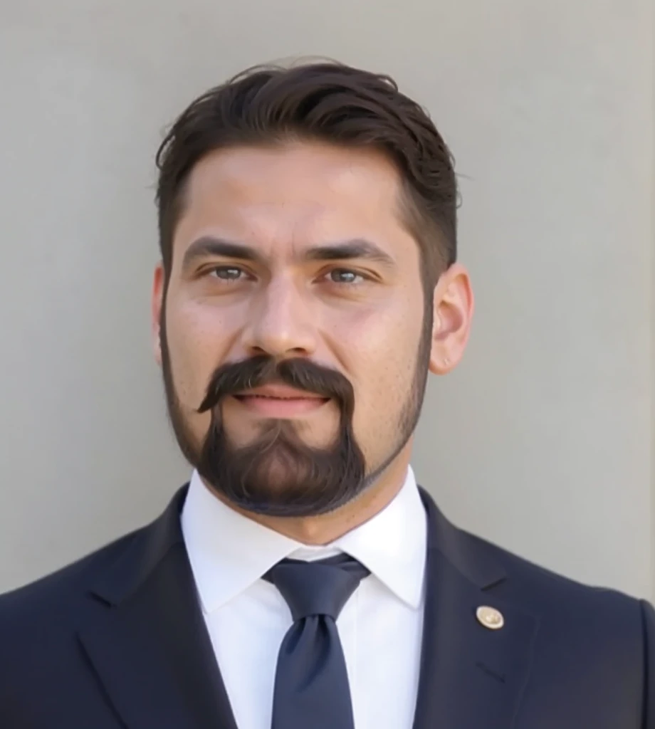 Man with beard and mustache, in a suit, lawyer
