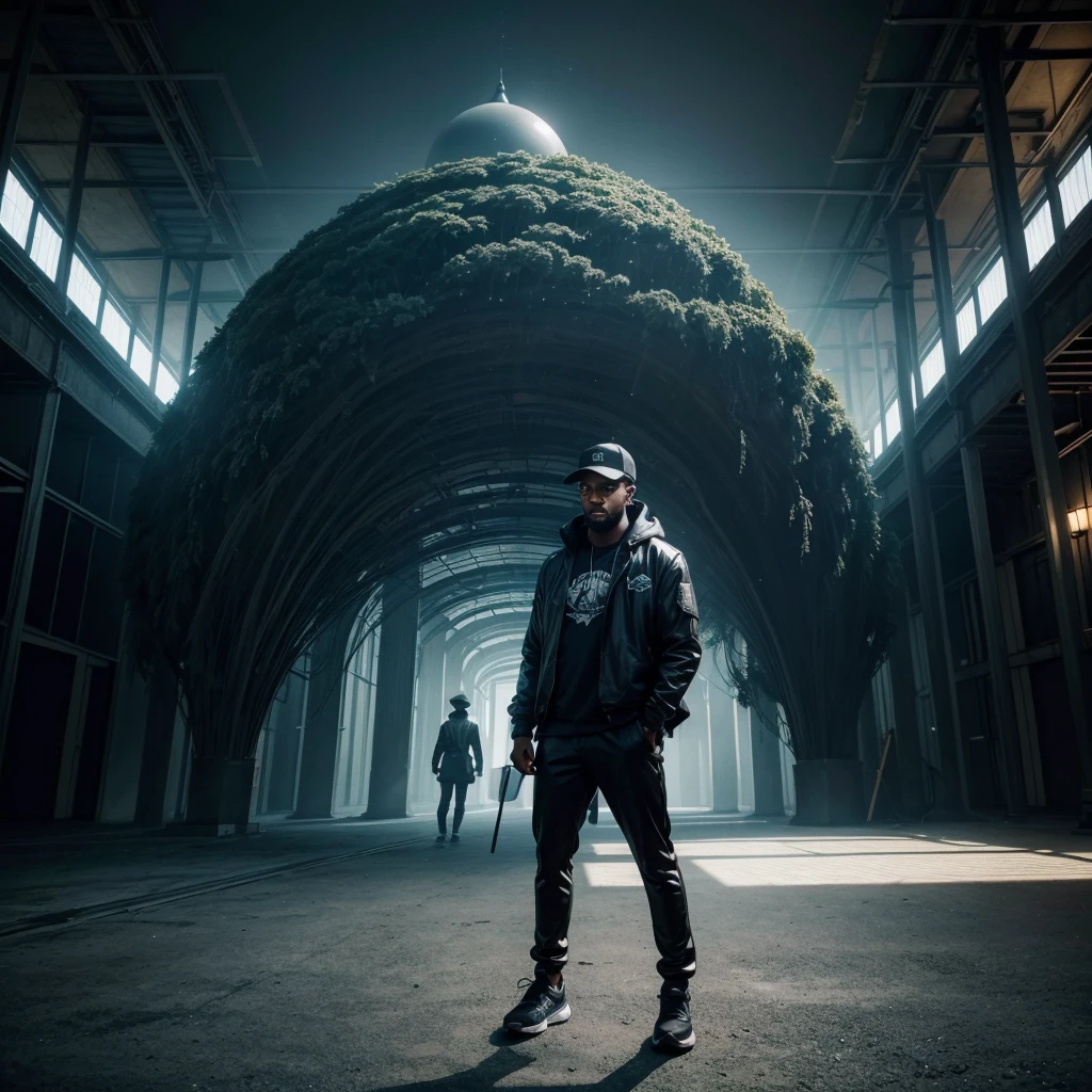{{A contemplative representation of {a black skinned man , beard but no mustache, of average height, dressed in black pants, black jacket, black sports cap and shoes}}} creating a world of fantasies inside your mind. This is a fantasy inspired image showing your imaginative journey. The environment/background must be {a fantastic kingdom} to create a {ethereal atmosphere}. The image should be in the style of a {digital illustration}