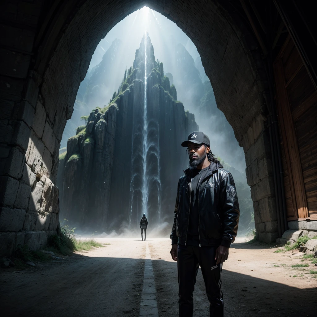 {{A contemplative representation of {a black skinned man , beard but no mustache, of average height, dressed in black pants, black jacket, black sports cap and shoes}}} creating a world of fantasies inside your mind. This is a fantasy inspired image showing your imaginative journey. The environment/background must be {a fantastic kingdom} to create a {ethereal atmosphere}. The image should be in the style of a {digital illustration}