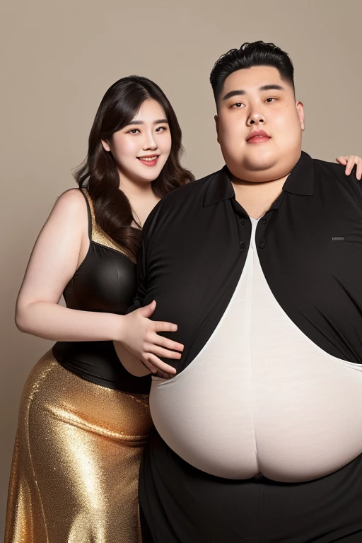 186cm 105kg thin man with abdominal obesity, ((140kg obese woman)), A friendly extremely obese man and woman couple, photorealistic, 8K