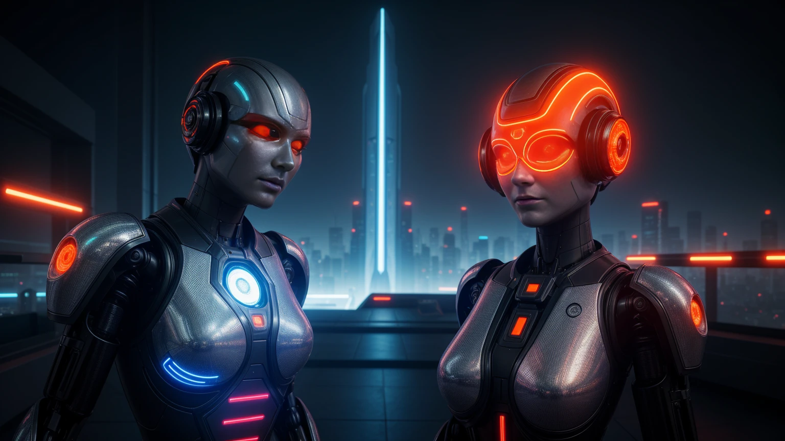 a futuristic humanoid business robot, detailed cyberpunk style, highly detailed face and body, glowing orange circuit patterns, sleek metallic chassis, advanced robotic limbs, complex machinery, holographic interface, urban cityscape background, cinematic lighting, dramatic atmosphere, neon signage, chromatic aberration, ultra detailed, 8k, photorealistic, award winning cgi