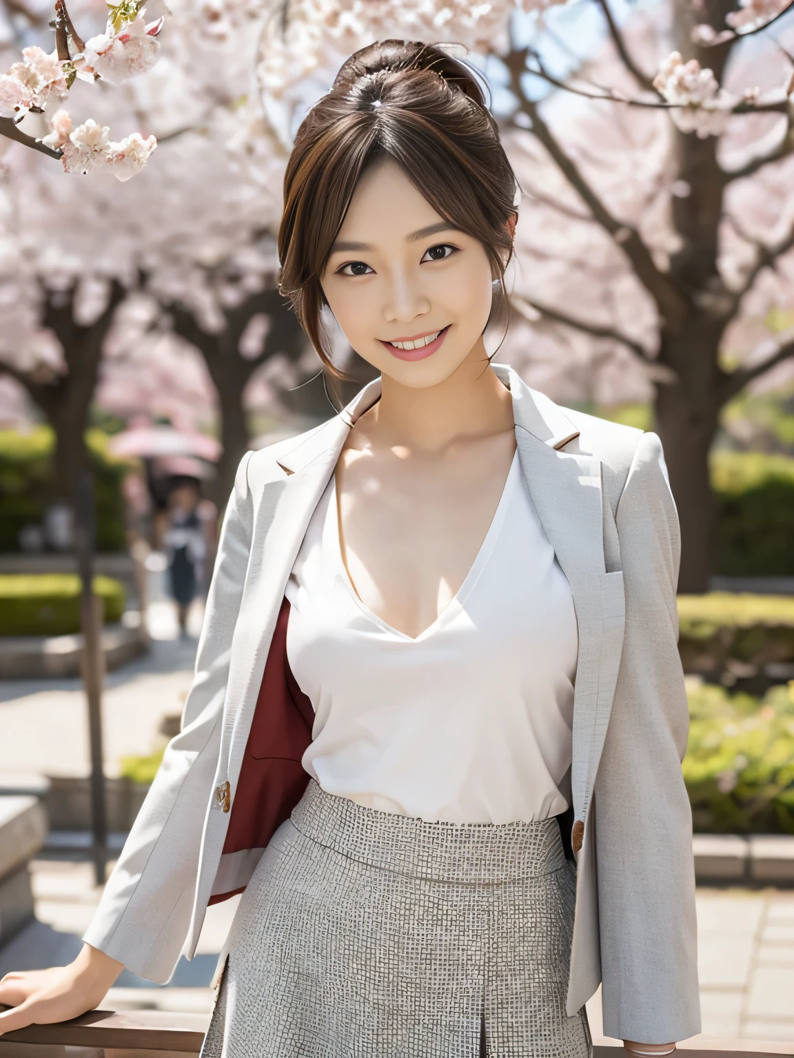 A little visible valley,skirt,One girl, Lookwg_w_Audience, smile, Japan, Tokyo, Cherry Blossom, Octane Renderwg, 一人w, Very skwny,V-neck　buswess suit,A neat image,Mature Woman