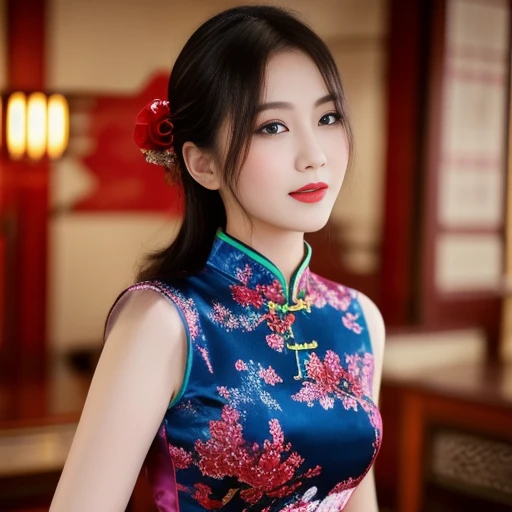 Asian woman Arav in red dress poses for photo, wearing a red Cheongsam, Cheongsam, Chinese dress, Chinese style, traditional chinese, Chinese woman, with ancient Chinese clothing, expensive silk, traditional chinese clothing, Chinese girl, Chinese dress, Gorgeous Chinese model, beautiful oriental woman, Chinese princess, สวมชุดCheongsamสีน้ำเงิน, Wearing a bright red dress 8k, 3-D, 45,000,000,000 pixels, Too realistic,