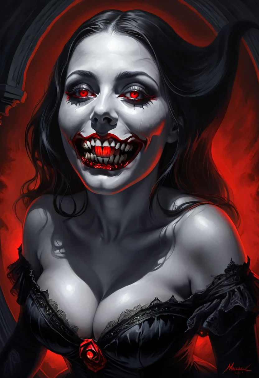 Kelley Jones-style horror surreal mystical art, deep cleavage of a curvy woman leaning forward in macabre attire, highlighted creepy teeth and red eyes peering from the shadows, exaggerated features emanating a sense of 'decollete phobia' with a chiaroscuro effect, hyperbolized illustration, macabre masterpiece.