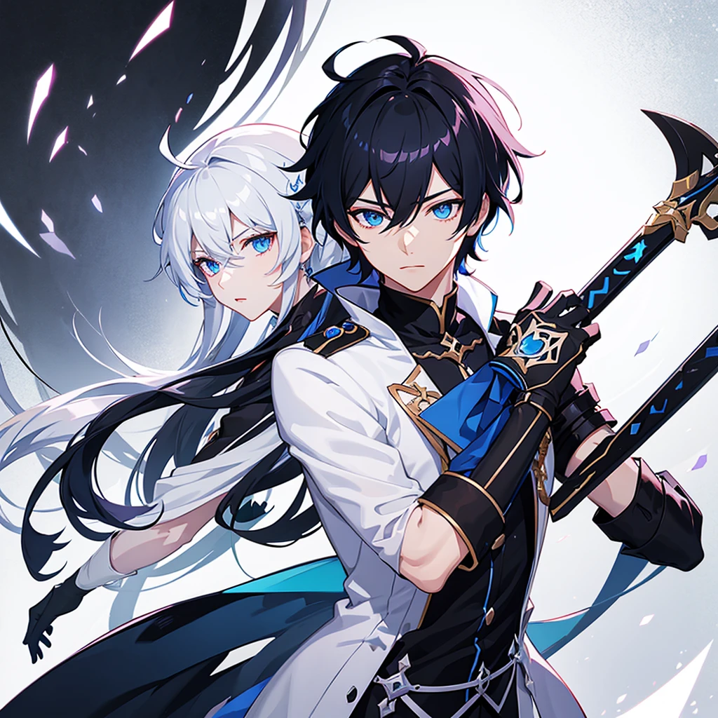Honkai impact male black hair and blue eyes and sword 