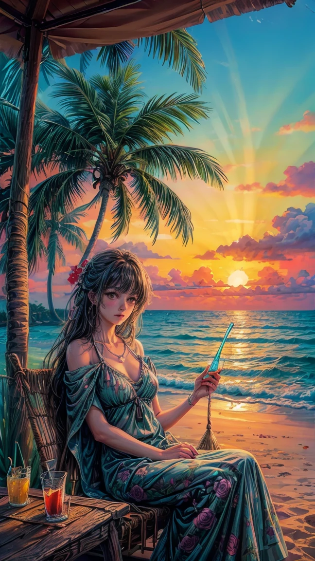 (no humans:1.5), painting of a beach, a beautiful hammock hanging on two palm trees, a glass of soft drink on a table, a blanket on a hammock, romance, roses, sand, ocean waves, sunset, beautiful art uhd 4k, a beautiful illustration artwork, beautiful digital painting, very detailed digital painting, beautiful digital artwork, 4k detailed painting, very detailed digital painting, beautiful colors like paintings, beautiful digital paintings, 8k