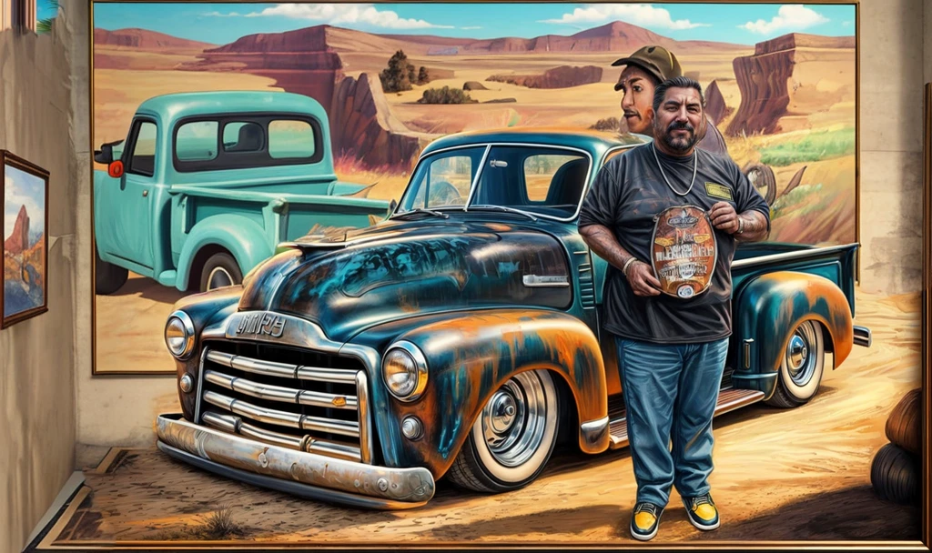 in the background a large wall with a large painting of an old pickup truck