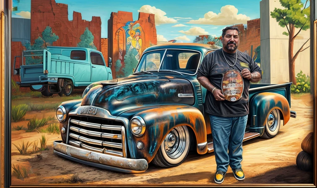 in the background a large wall with a large painting of an old pickup truck
