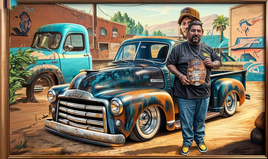 in the background a large wall with a large painting of an old pickup truck 