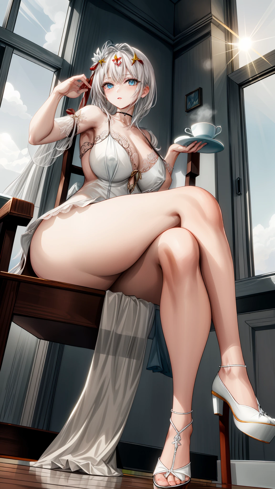 

(1girl), (masterpiece), (best quality), ((looking at the viewer)), ((full body)),((facing the viewer)), ((dress that shows off her figure)), ((White hair)), (((sitting on chair with legs crossed))), (((good anatomy)))

A stunningly beautiful young woman with hair as white as snow and deep blue eyes like sapphires gazes gracefully out of her window upon waking. Her figure is slender and elegant, adorned in a delicate, exquisite nightgown of white silk embellished with lace that accentuates her flawless skin under the soft morning light. She holds a teacup with grace, while the first rays of the sun illuminate her angelic face, reflecting an aura of serenity and tranquility.