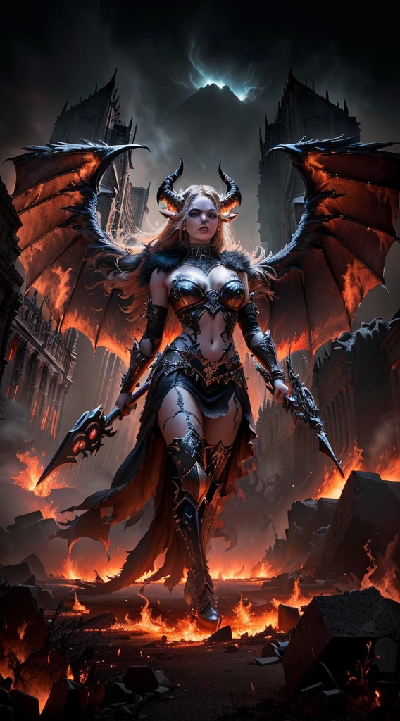 A striking and dramatic cinematic illustration of a powerful Valkyrie, adorned with twisted horns and a fur-covered body, standing victoriously in the infernal depths of Hell. Her mesmerizing wings are tinged with flames, and her hooves are firmly planted on the fiery ground. Wielding a menacing twisted metal pitchfork, she torments the tormented souls in the background. The temple of Satan looms ominously, its gloomy and menacing architecture contrasting against the hellish landscape of flames, smoke, and darkness that envelops the scene, creating an atmosphere of suffering and despair., cinematic, photo
