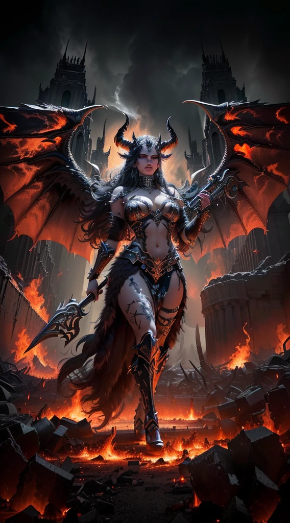 A striking and dramatic cinematic illustration of a powerful Valkyrie, adorned with twisted horns and a fur-covered body, standing victoriously in the infernal depths of Hell. Her mesmerizing wings are tinged with flames, and her hooves are firmly planted on the fiery ground. Wielding a menacing twisted metal pitchfork, she torments the tormented souls in the background. The temple of Satan looms ominously, its gloomy and menacing architecture contrasting against the hellish landscape of flames, smoke, and darkness that envelops the scene, creating an atmosphere of suffering and despair., cinematic, photo