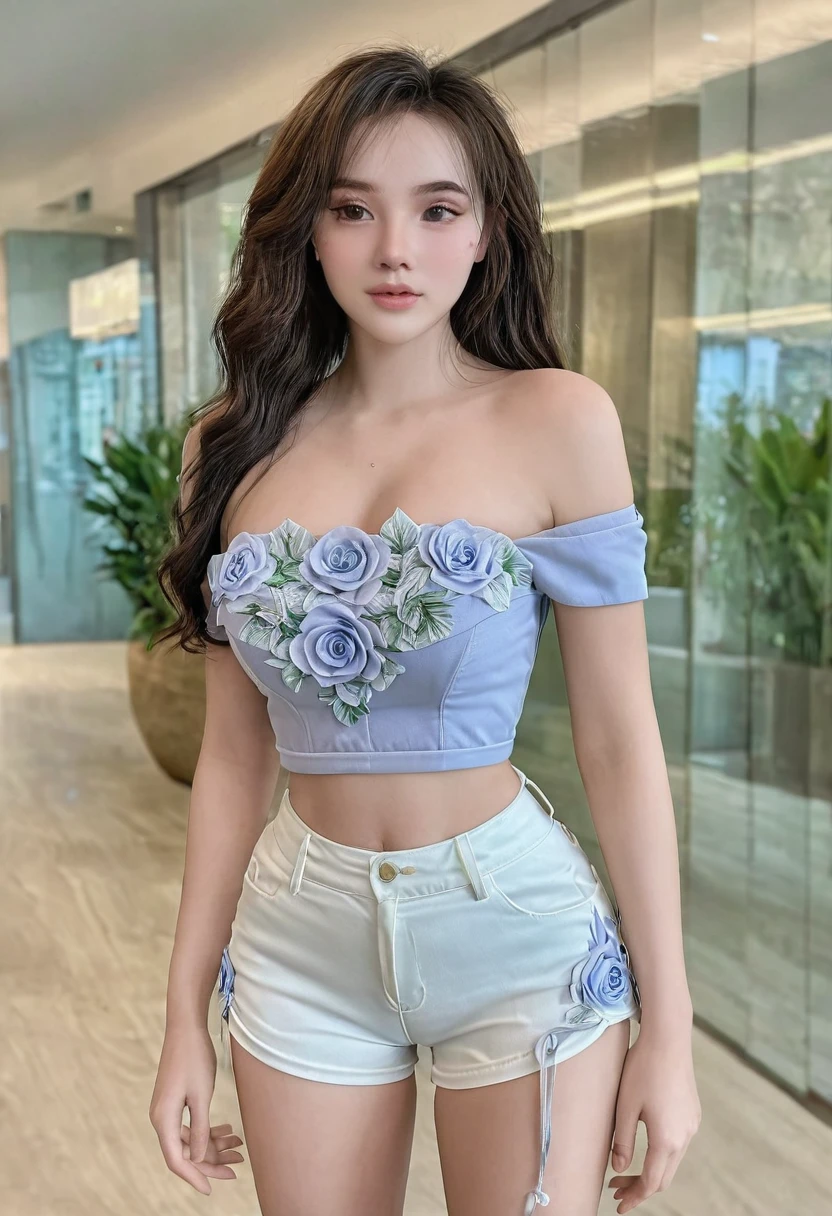 ((Best resolution)), ((high quality:1.2)), Work of art, 8k, extremely detailed, ((High detail:1.2)), (Valdinele woman), Solo, 24 year old female, (mini-shorts, crop strapless),