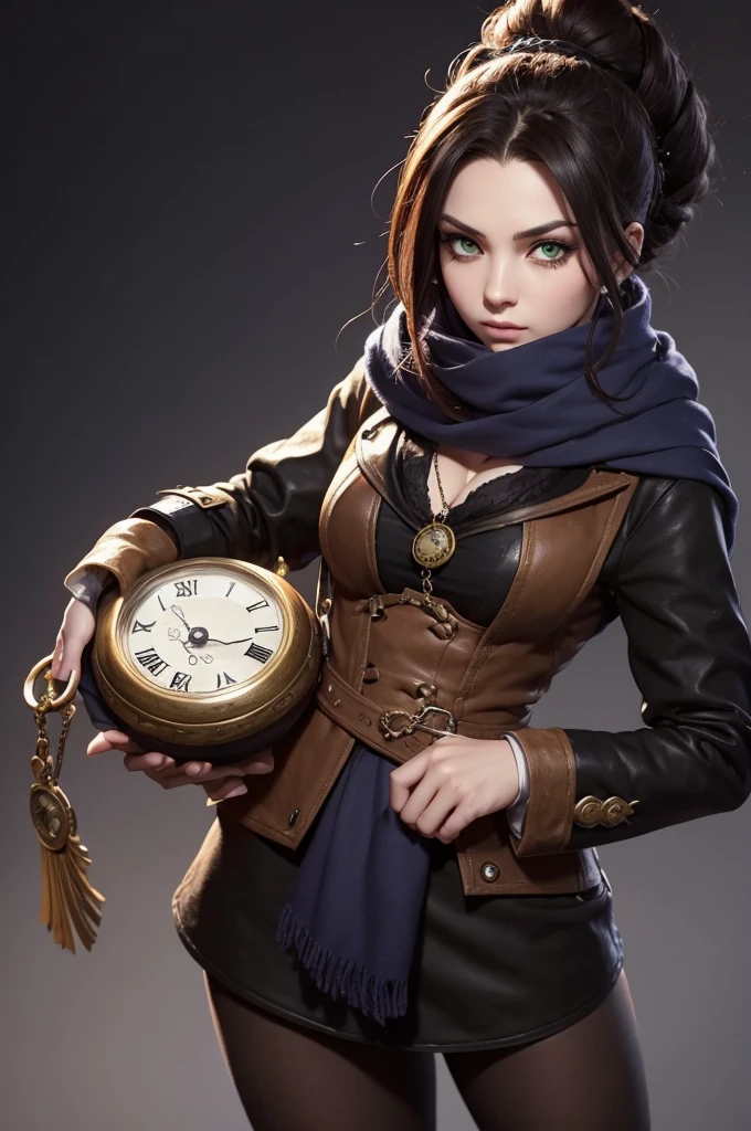 Generate a character with the style of League Legends with: robust and large disproportionate body, greeneyes, a scarf covering the mouth and nose, black victorian clothing, carrying a giant larger pocket watch.
