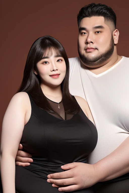 186cm 105kg thin man with abdominal obesity, ((140kg upper body obese woman)), A friendly extremely obese man and woman couple, photorealistic, 8K