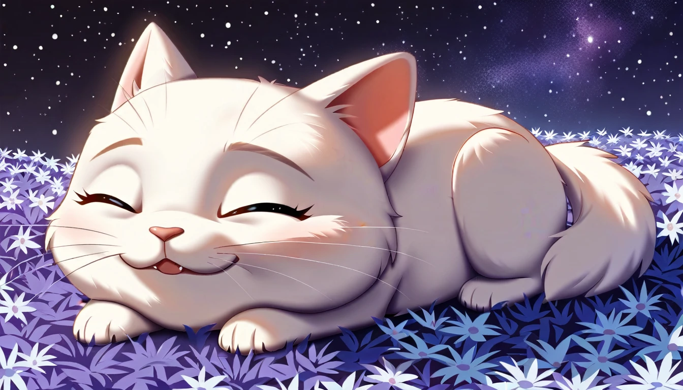 Fluffy white cat、Chibi Style、cute、Fantasy art、１６：９、Sleeping in a flower field、３D Vector Art、Starry sky background、Pixar Style、high resolution、Fantasy、Impossible colors
