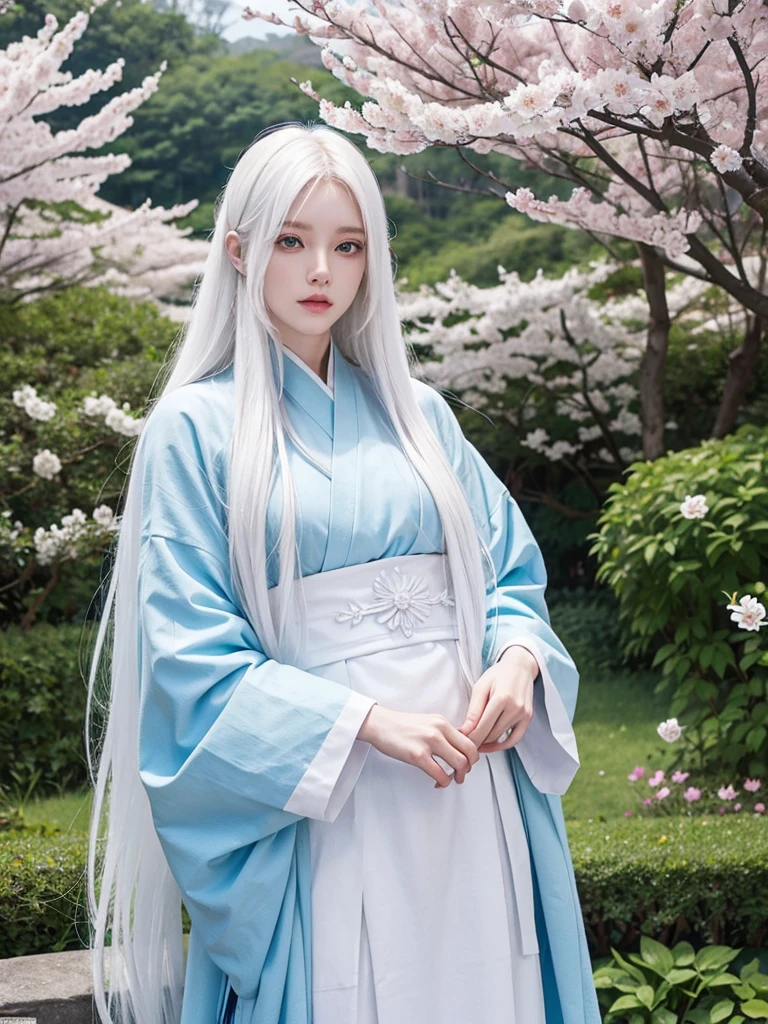 Long white hair, blue eyes, serious features, white skin, loose style, in a garden, with flowers , in the forest ,in the Sakura Korea ,Korean Palace