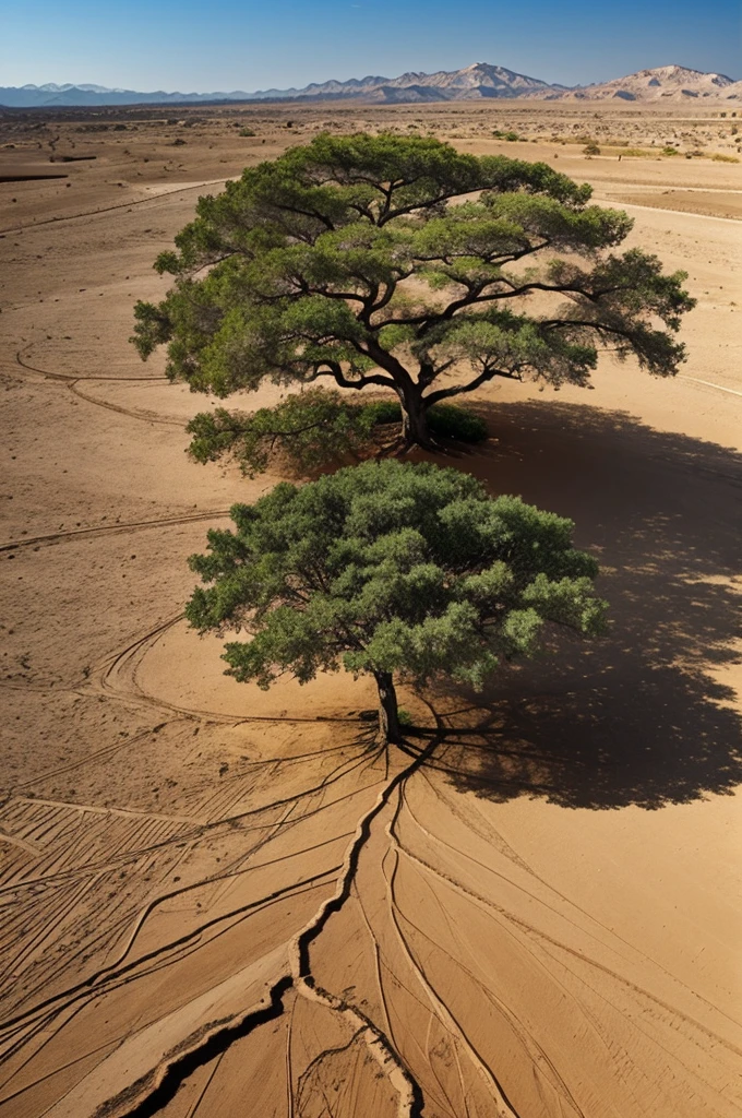 Create an image of a tree in the center with dry soil and a pollution environment in the background.