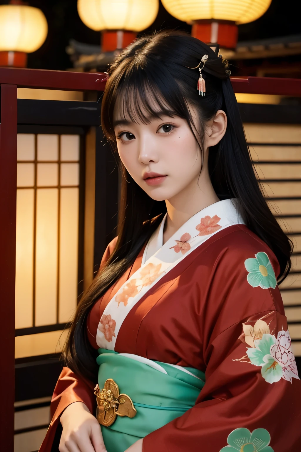 Japanese、Twenty-year-old women、Oiran、Gorgeous kimono、Mole under the left eye、Edo-period style town、There are lots of lanterns