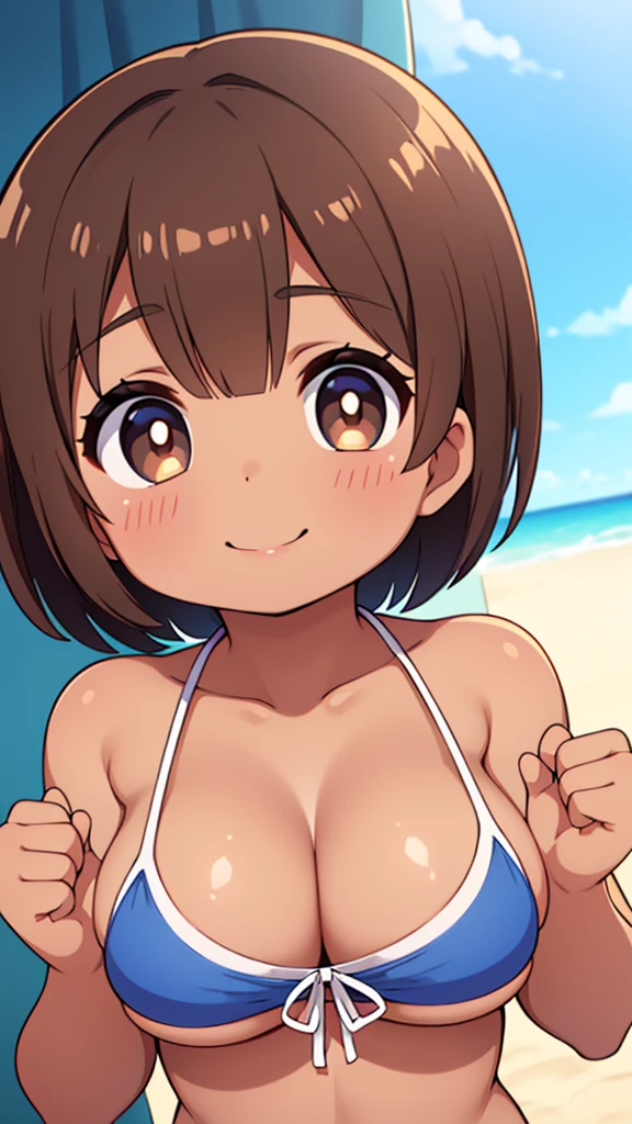 Beautiful young girl , Beautiful round breasts,Bust up front,Beautiful upturned breasts,G-Cup, Narrow waist,Brown skin,Short Bob,, bikini top,(((Enlarged view of the upper body))),View from the front, Cleavage is clearly visible,Keep your head upright and smile,ID photo