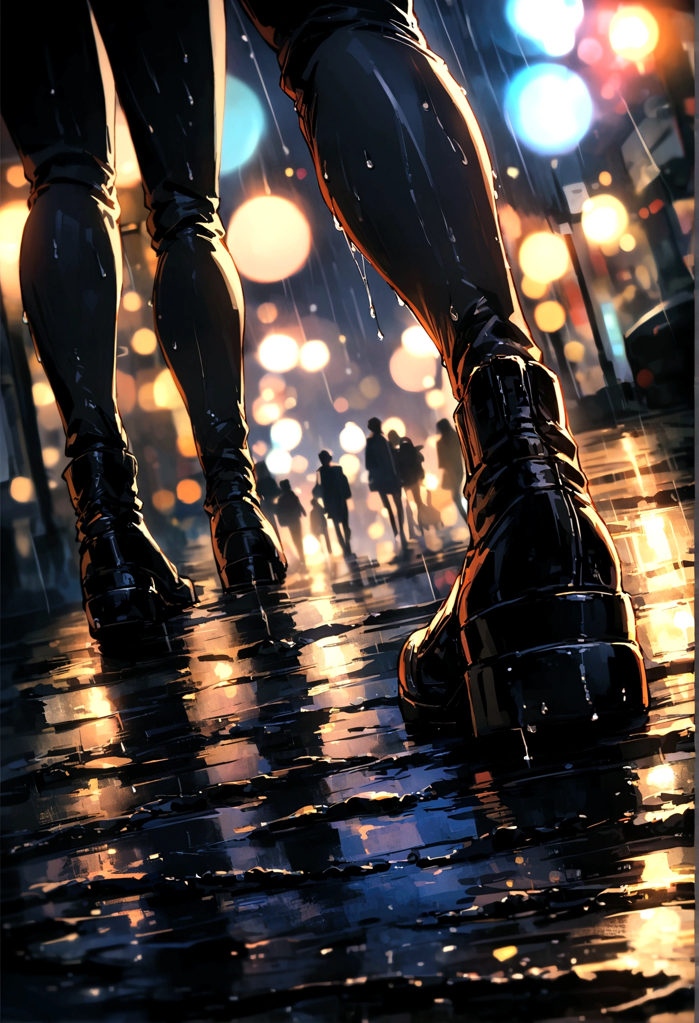low angle tokyo pedestrian, bokeh, focus on ground, rainy, darkly night, f1.4, wet ground