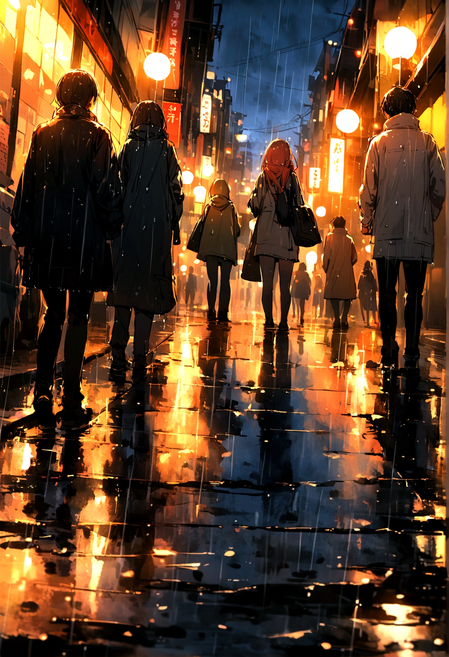low angle tokyo pedestrian, bokeh, focus on ground, rainy, darkly night, f1.4, wet ground