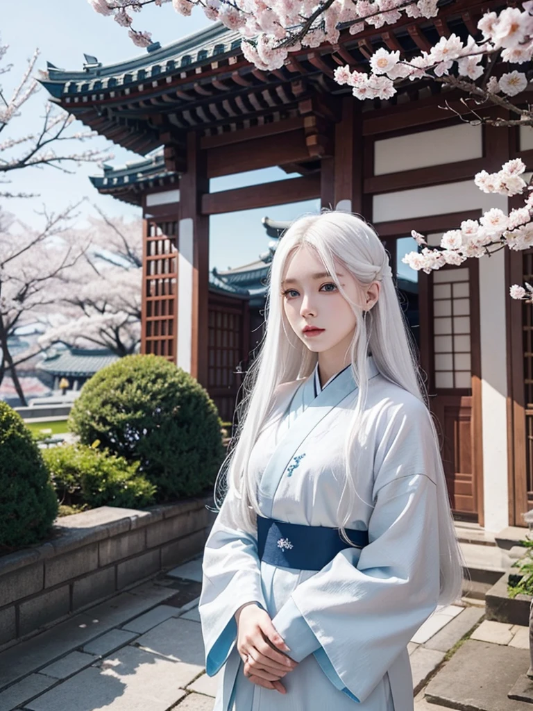 Long white hair, blue eyes, serious features, white skin, loose style, in a garden,in the Sakura Korea ,Korean Palace