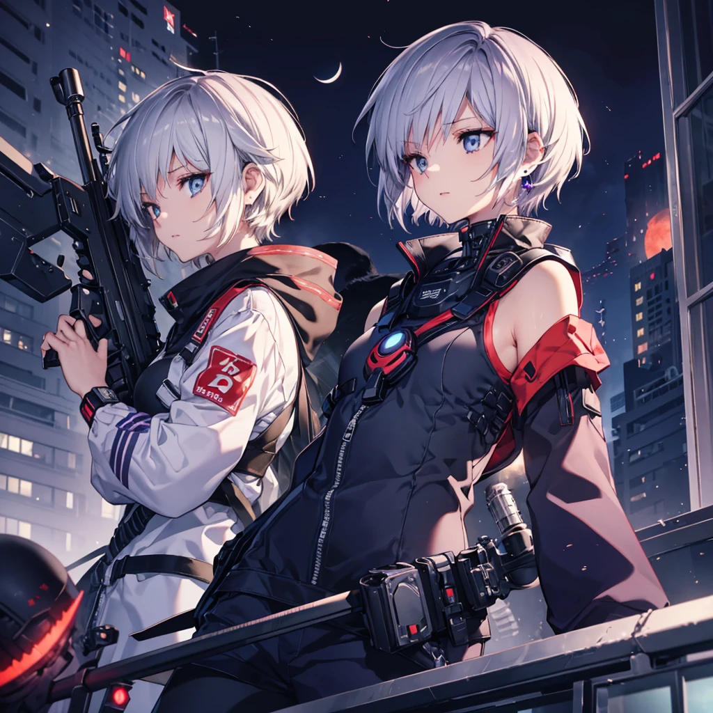 ((Gray Hair Short Hair blue eyes sniper rifle),((Crow night Red full moon)),(rooftop Drop shoulder Sailor suit cyber punk Shiny Earrings Purple light), Sweat A tense look Also々funny Face Headphones