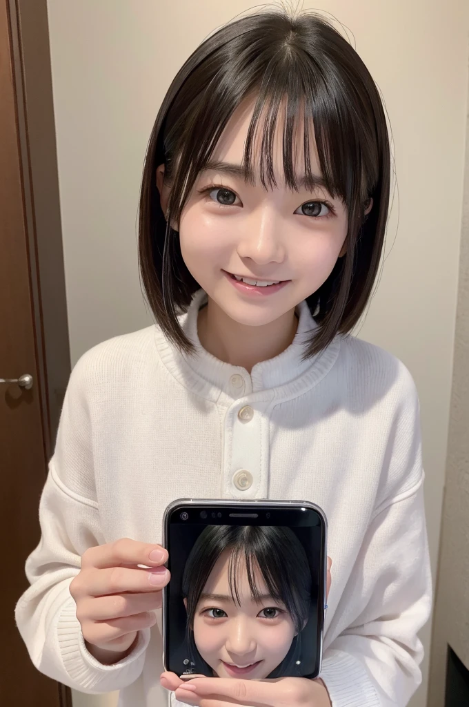 (8k, RAW Photos, Highest quality, masterpiece:1.2), (Realistic, photo-Realistic:1.37), Very detailed, 1 girl,cute, alone,Beautifully detailed skies,Detailed Cafe,night,Sitting,Date,(Red nose),(smile:1.1),(Mouth closed),Large Breasts, seductive smile, Large opening, Professional Lighting, Sony A7R4, Zesse 50mm F1.8, Medium chest,Beautiful attention to detail,(Collared shirt:1.1), bow tie,Pleated skirt,(short hair:1.2),Floating Hair