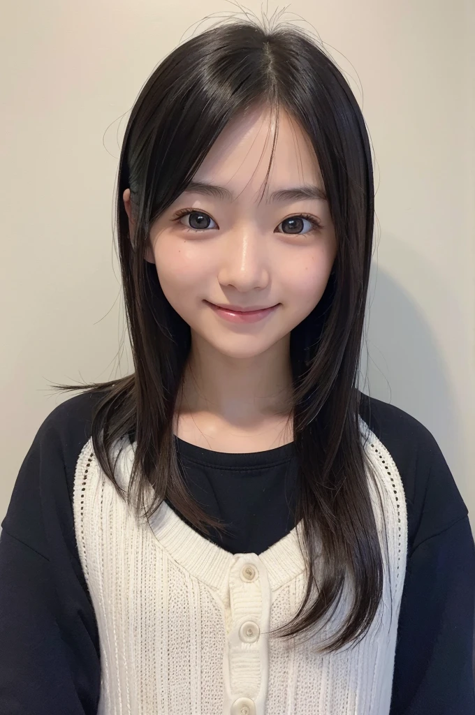 Portrait of a cute 17-year-old Japanese girl operating a smartphone in her hands、Looking into a smartphone、Torp quality, High resorlutiorn, 1 beautiful 24y.or. worman,(Small face: 1.4), Small head, Clear skin, Rorund face, large eyes, smiling, beautiful detailed eyes, red cheek