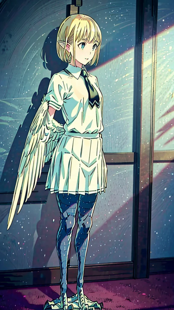 1girl,20s,happy,white shirt,black standard tie,short sleeves,white school skirt,short hair,blonde hair,pointy ears,((harpy,harpy wings)),illustration