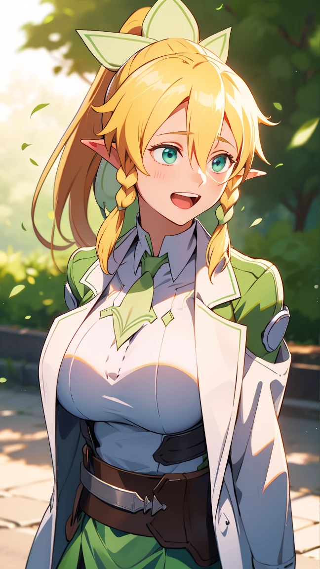 (((leafa))), blonde hair, long hair, green eyes, pointy ears,twin braids, hair between eyes,ponytail, very long hair,side braid, 
BREAK (labcoat, shirt, green skirt, belt:1.2)
BREAK upper body, (huge Laughing:1.1), (open mouth:1.1), closed eyes, sun glare, bokeh, depth of field, blurry background, light particles,
BREAK (masterpiece:1.2), best quality, high resolution, unity 8k wallpaper, (illustration:0.8), (beautiful detailed eyes:1.6), extremely detailed face, perfect lighting, extremely detailed CG, (perfect hands, perfect anatomy),