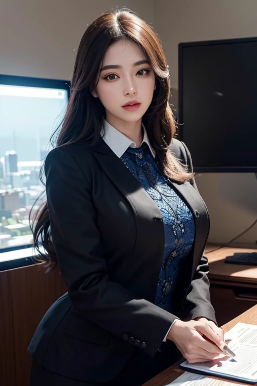masterpiece、chubby figure、beautiful countenance、tre anatomically correct、Wearing a business suit、Double eyelids、Bunching hair、Fancy makeup、独奏、fullllbody、top-quality、4K、clong legs、Textured skin、Look at me、surrealistic、s Office